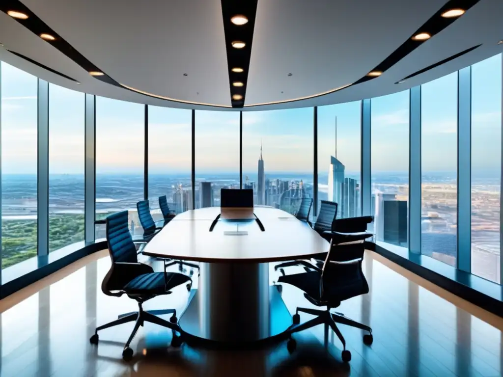 Sala de conferencias con ventanales de piso a techo y vista panorámica de la ciudad