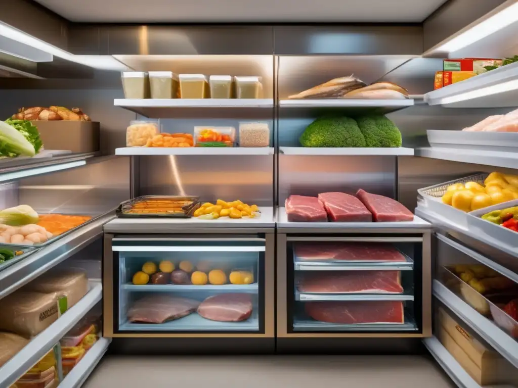 Congelamiento de alimentos para supervivencia: freezer organizado con carnes, aves, pescados, mariscos, frutas y verduras