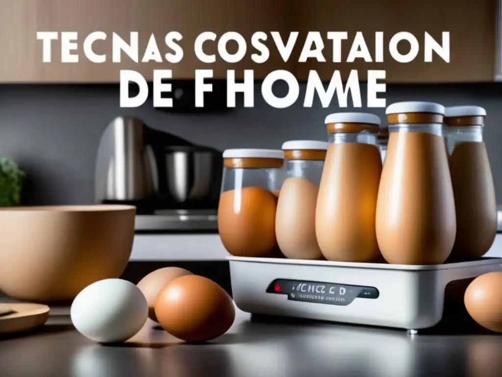 Técnicas conservación huevos seguras en moderna cocina con nevera, almacenamiento, agua con cal y aceite mineral