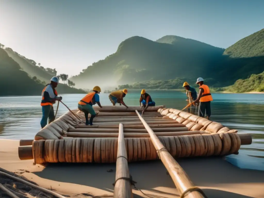 Construcción balsas supervivencia: Guía paso a paso, expertos construyendo una balsa en una tranquila orilla con detalles precisos y estética moderna