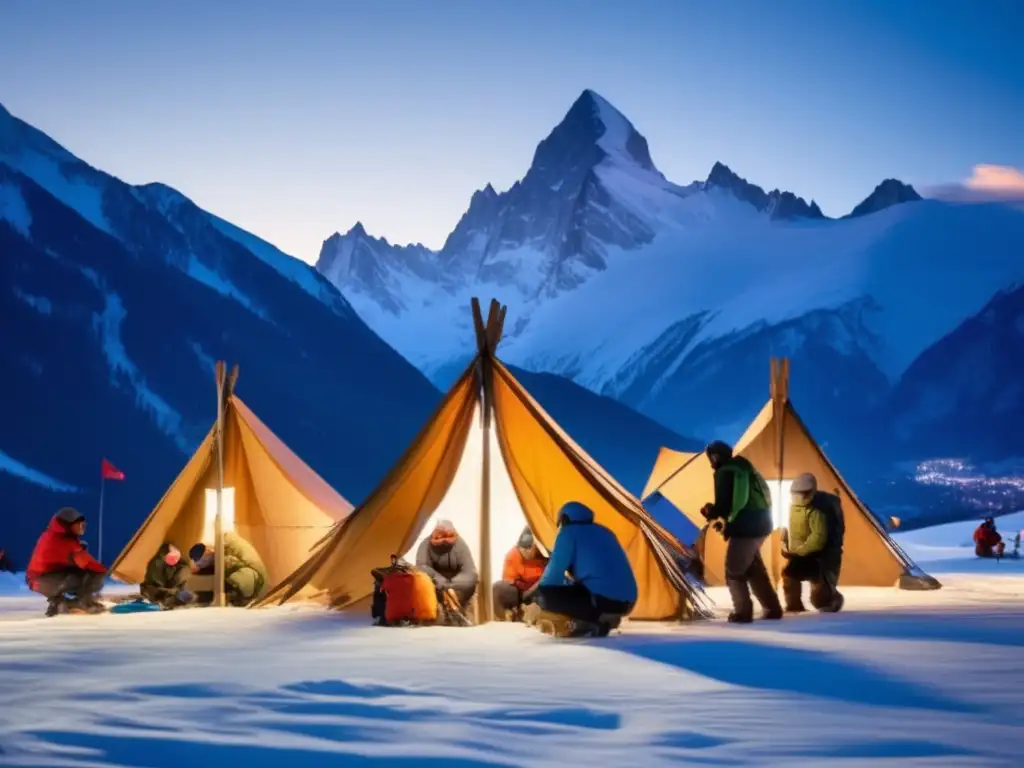 Técnicas de supervivencia en montañas: Construcción de refugios improvisados en paisaje alpino nevado al anochecer