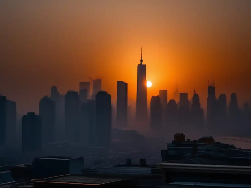 Impacto de la contaminación atmosférica en una ciudad con smog y edificios reflejando el cielo naranja