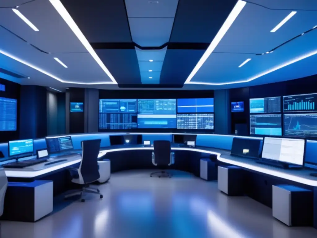 Control room moderno y sofisticado con monitores grandes mostrando datos y alertas de ciberseguridad en tiempo real