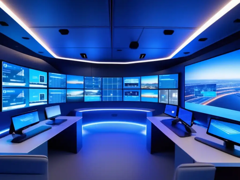 Sala de control de seguridad moderna con monitores de alta tecnología y sistema de monitoreo remoto eficaz