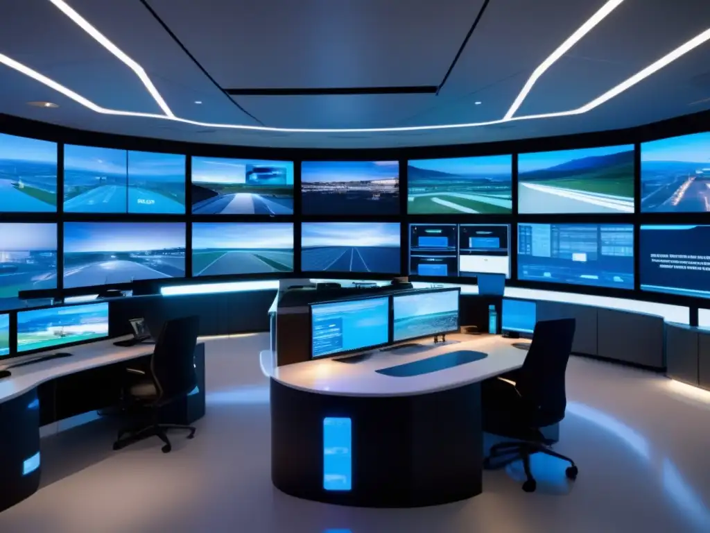 Sala de control de seguridad de última generación con vista panorámica y tecnología de vanguardia