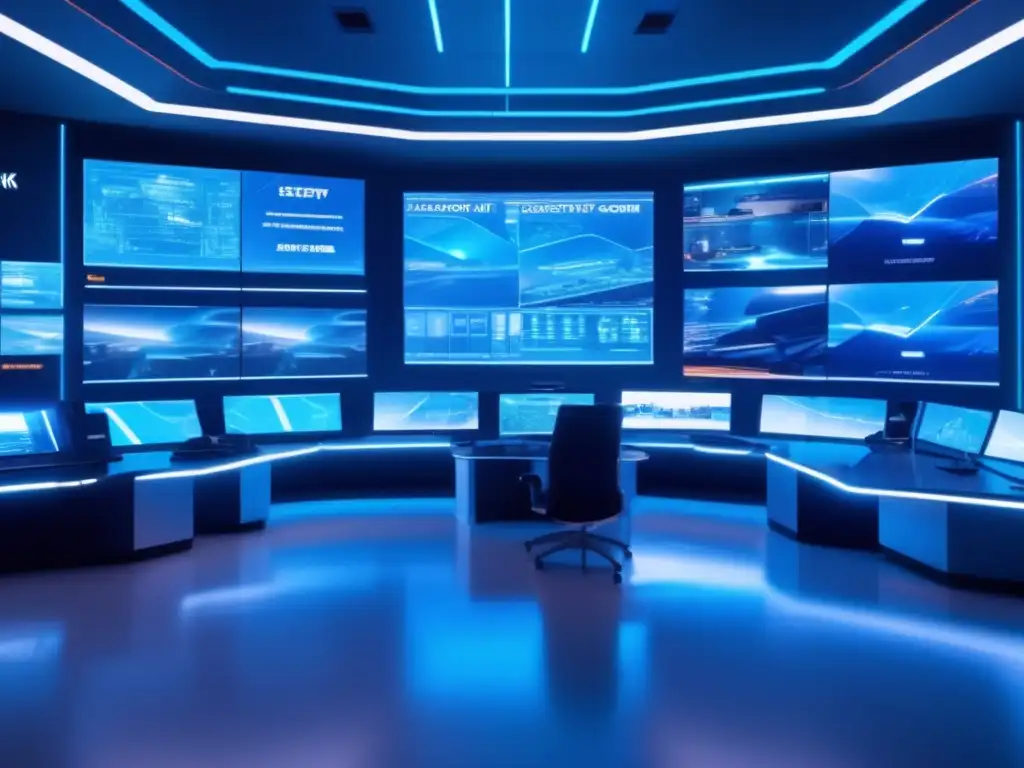 Revisión sistemas seguridad autónomos en control room futurista con tecnología de punta