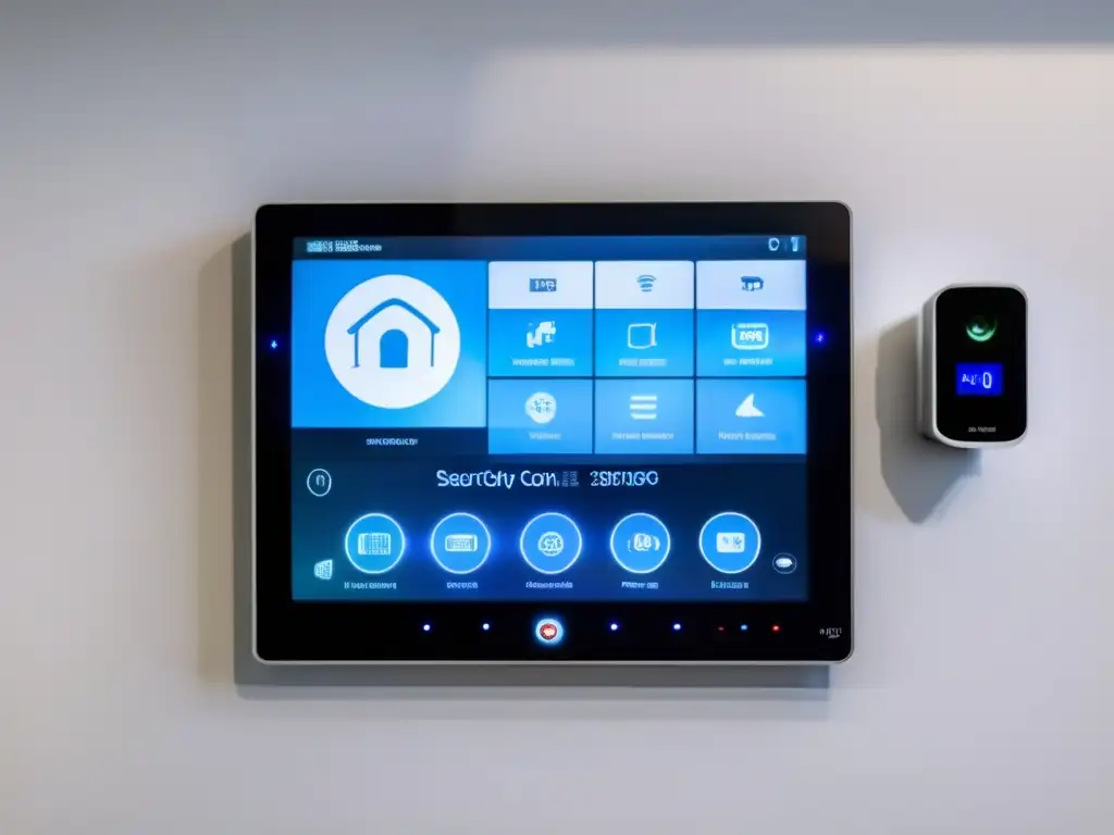 Control panel de seguridad doméstica de alta resolución y ultradetallado, con pantalla táctil y diseño minimalista y futurista