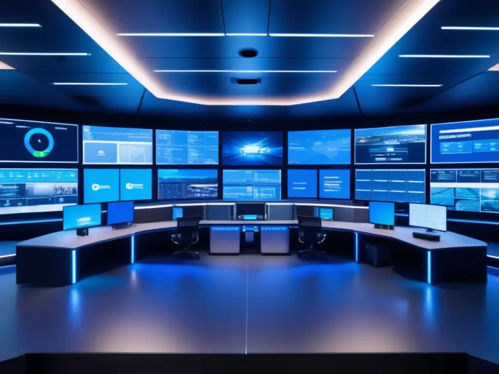 Control room moderna en instalación segura con paneles y monitores de alta tecnología, proyectando datos y vídeos en tiempo real