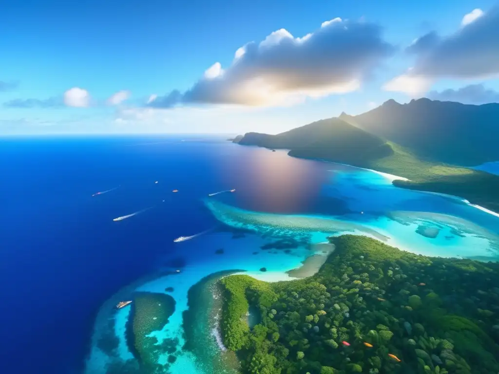 Cambio climático: redefiniendo reglas supervivencia - Vista aérea deslumbrante de un océano azul rodeado de vegetación, con arrecifes de coral vibrantes y vida marina colorida