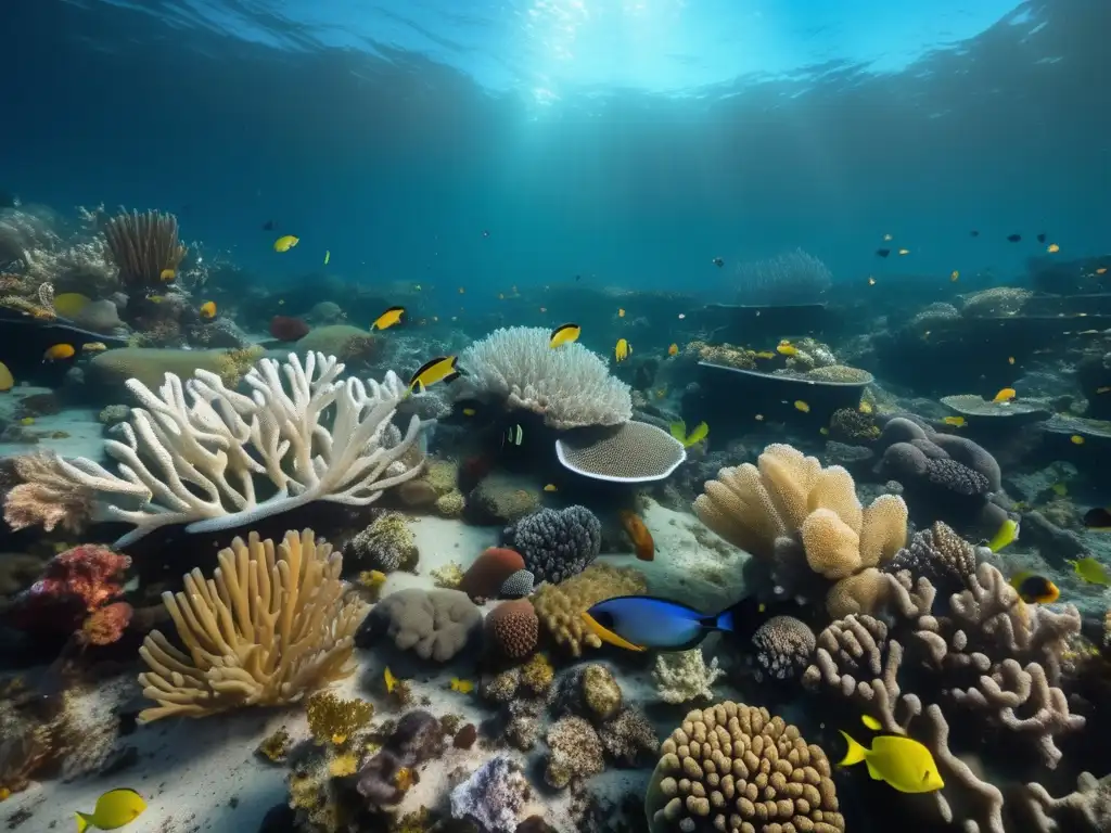 Impacto de desastres ambientales en ecosistemas marinos: coral en peligro rodeado de agua contaminada, plástico y derrames de petróleo