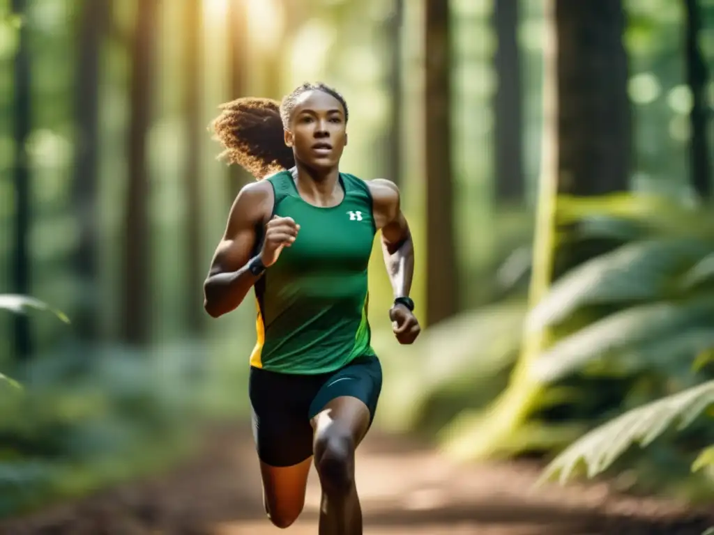 Persona corriendo en un bosque denso, expresión determinada, luz dorada, verde vibrante, habilidades de huida en emergencias