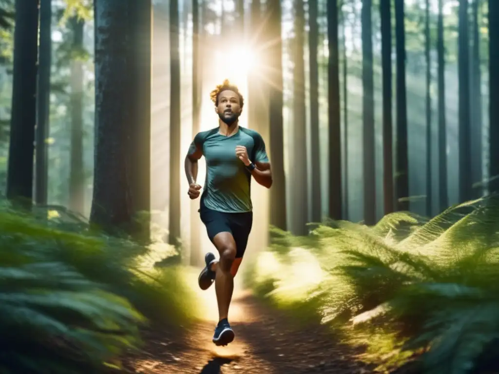 Persona corriendo en un bosque denso, con luz solar filtrándose entre los árboles - Preparación para huida efectiva