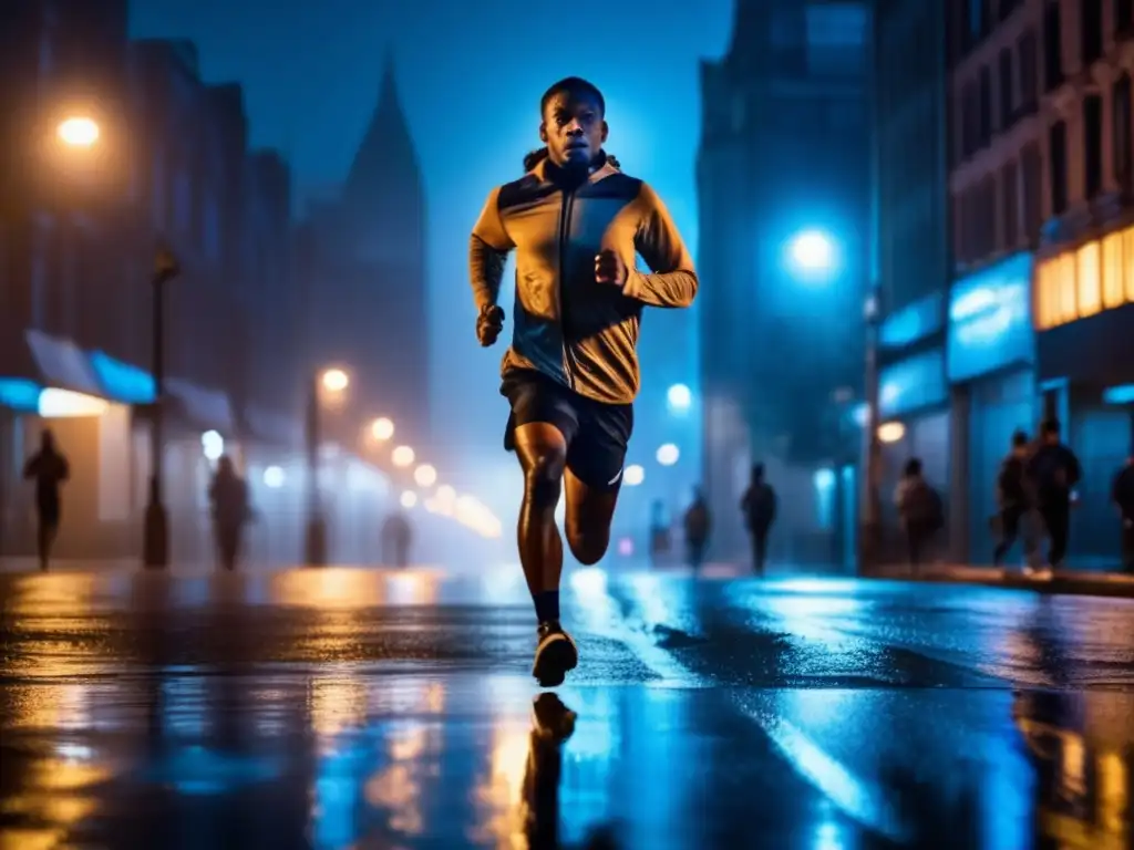 Persona corriendo en una calle desierta de noche, iluminada por farolas y reflejos de lluvia en el pavimento