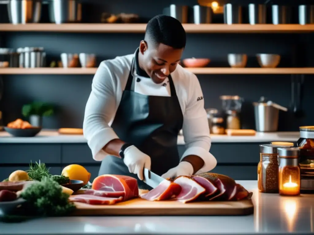 Técnicas de conservación de carne casera: persona cortando jamón en cocina moderna