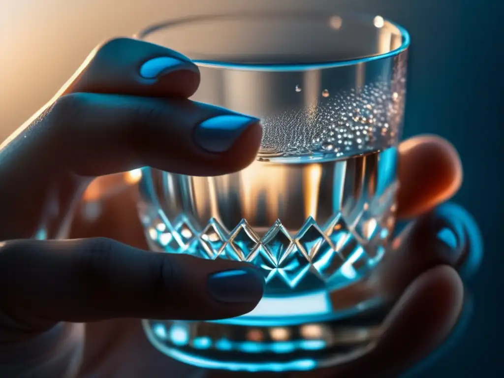 Una imagen 8k detallada de una persona sosteniendo un vaso de agua cristalina, con gotas brillantes en su superficie