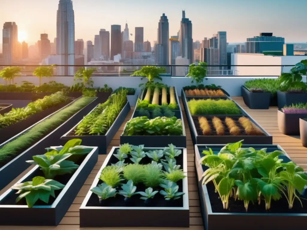 Beneficios de cultivar tubérculos urbanos en un jardín de azotea verde vibrante con Papa, Batata y Yuca