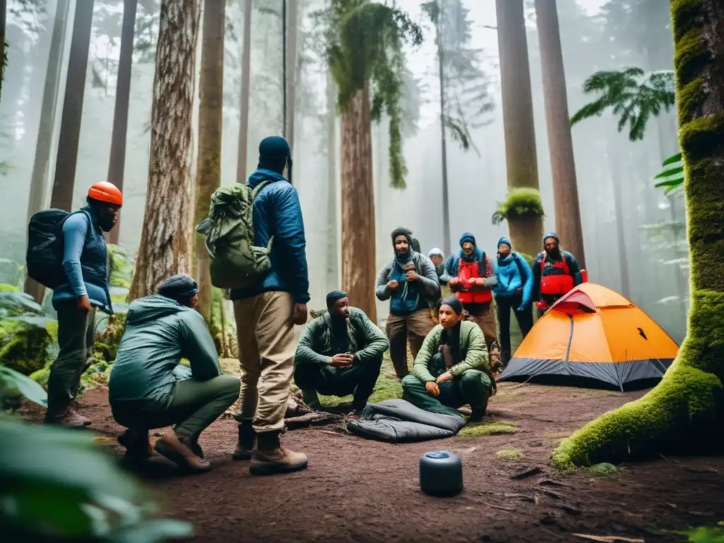 Curso supervivencia efectivo, grupo diverso aprendiendo técnicas en el bosque: construir refugio, hacer fuego y purificar agua