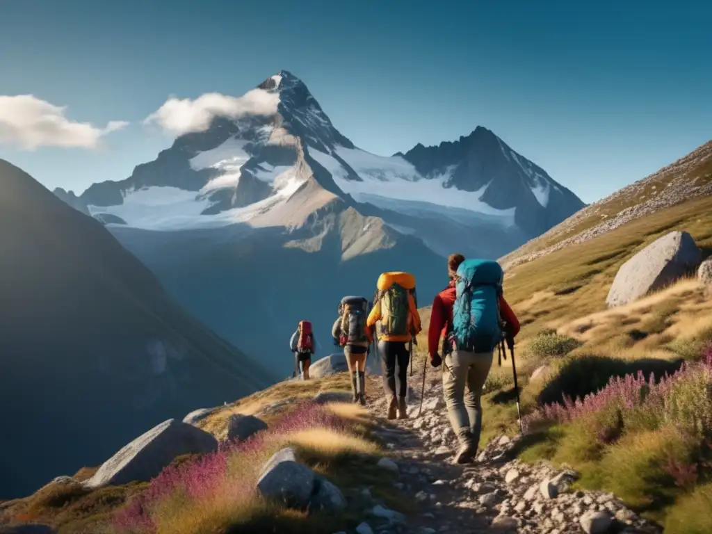 Grupo de personas en curso de supervivencia en la montaña, con vistas impresionantes de picos nevados