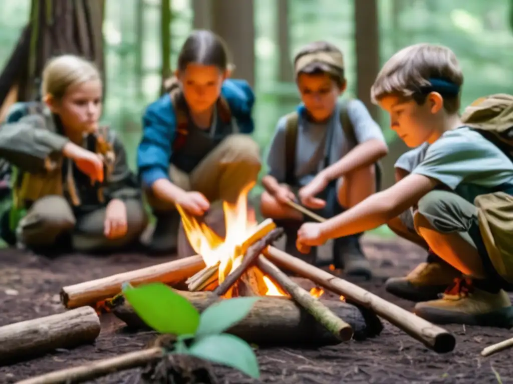 Cursos de supervivencia para niños en un bosque, aprendiendo habilidades prácticas con un instructor experto