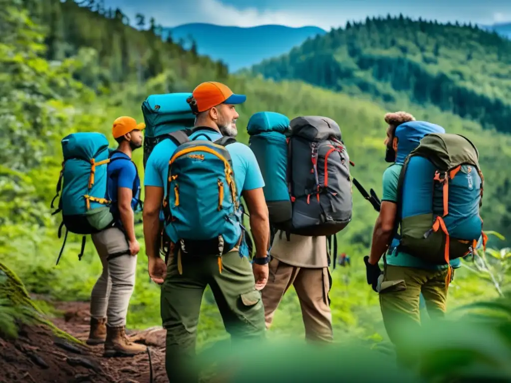 Cursos Online Supervivencia Esenciales: Grupo diverso preparado para la aventura en un bosque exuberante con montañas nevadas