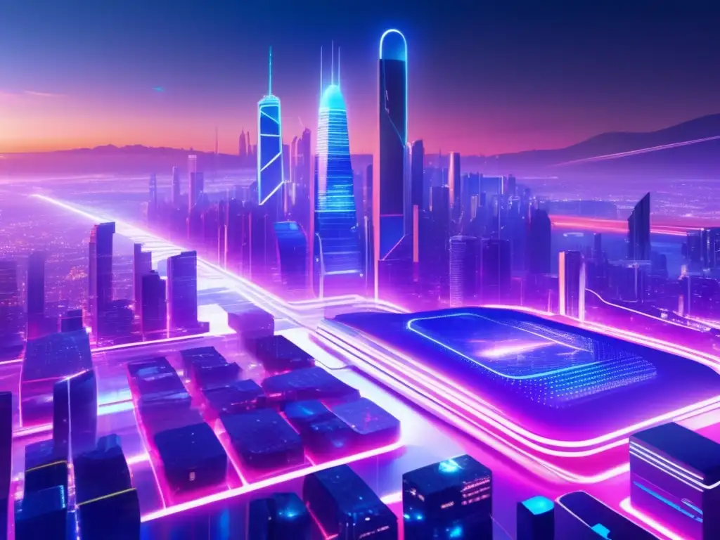 Paisaje futurista de ciberespacio con ciudad en auge, red de datos luminiscentes y amenazas cibernéticas