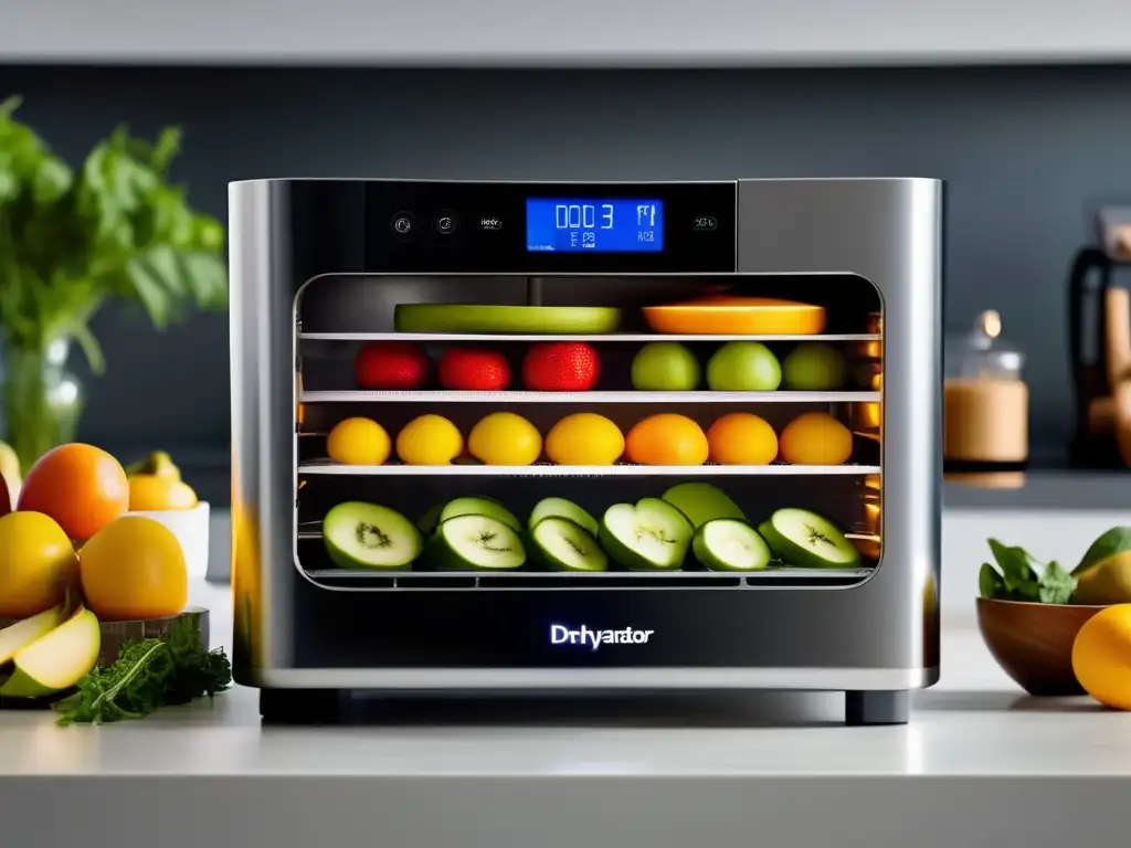 Técnicas deshidratación alimentos duración: Imagen 8k de deshidratador moderno con diseño minimalista, rodeado de frutas, verduras y hierbas