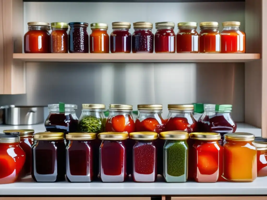 Tarros de vidrio con alimentos conservados en una cocina moderna: mermelada de fresa, ensalada en capas y salsa de tomate casera