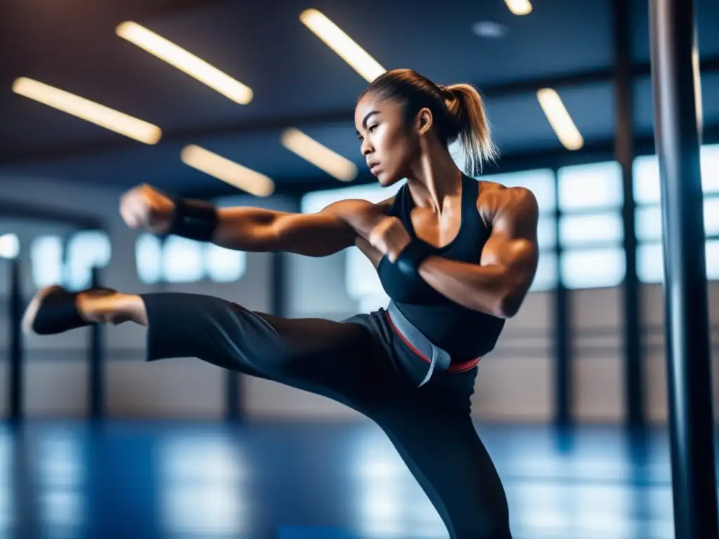 Persona practicando artes marciales en un gimnasio moderno, expresión facial intensa y determinada, realizando una patada redonda poderosa