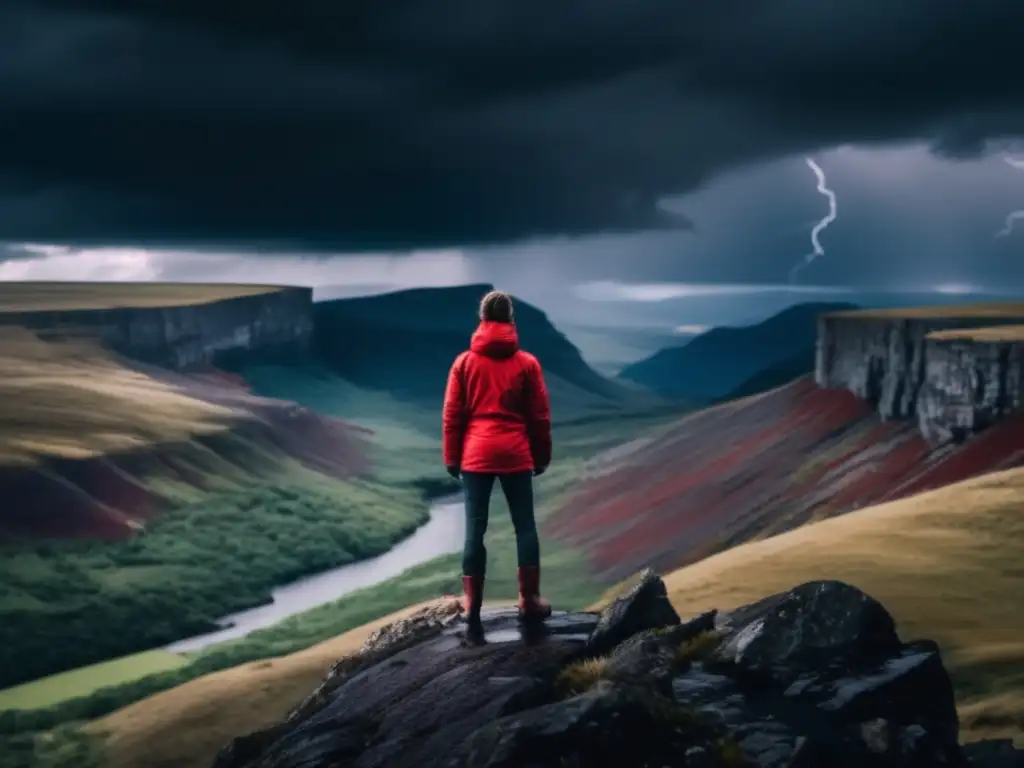 Persona en acantilado, paisaje rugoso con nubes tormentosas