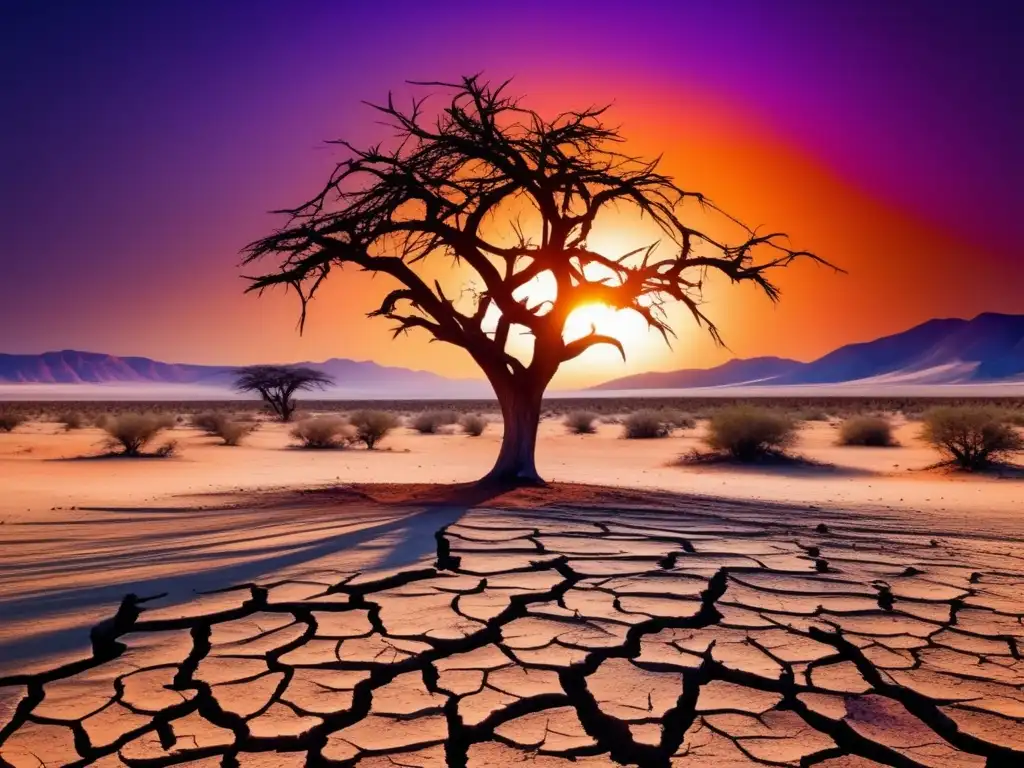 Lucha contra el cambio climático Paisaje árido y desolado bajo el sol, árbol solitario luchando por sobrevivir