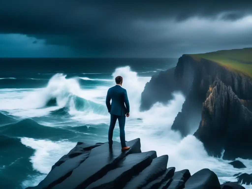 Persona en el borde de un acantilado, mirando al mar en condiciones extremas