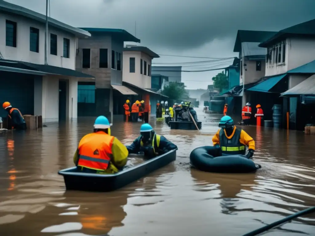 Purificación de agua en desastres: ciudad inundada, trabajo de filtración y purificación del agua