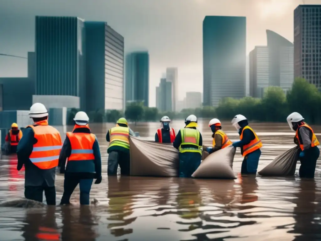 Preparativos para inundaciones y supervivencia en una escena urbana devastada por el agua