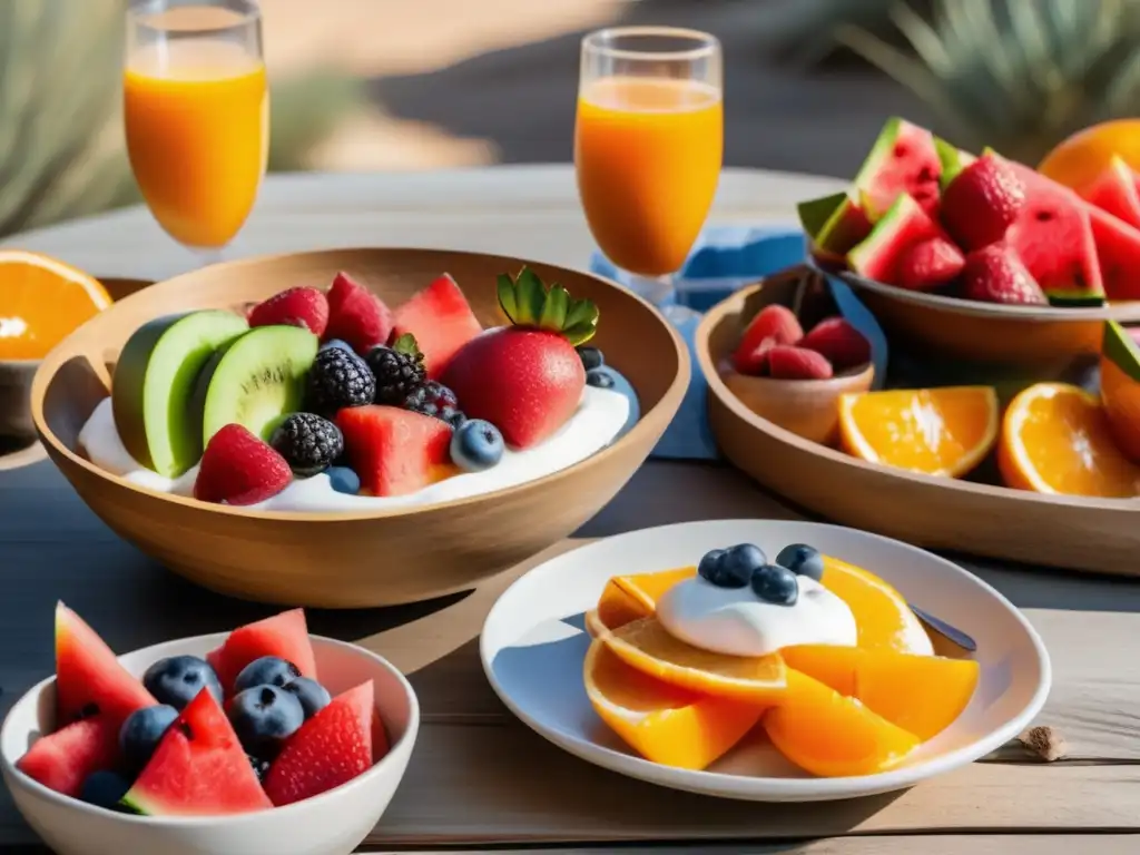 Desayuno nutritivo en el desierto: frutas frescas, yogur griego, tostadas de aguacate, jugo de naranja y café