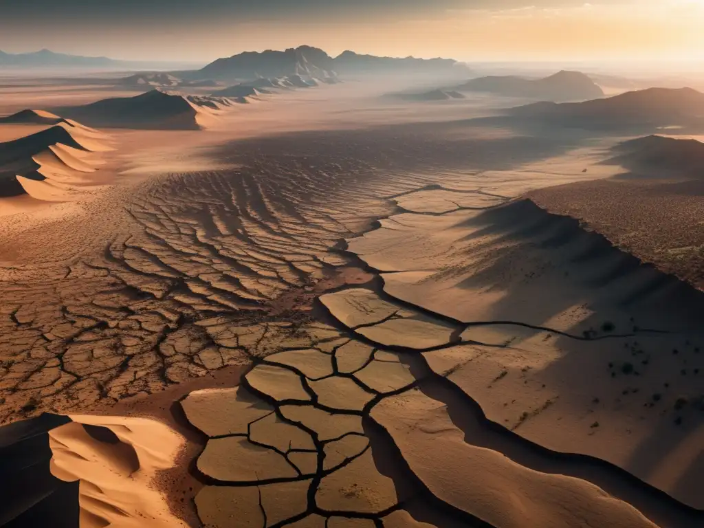 Impacto del cambio climático en la supervivencia: paisaje desolado, tierra agrietada, personas agotadas con cubetas vacías