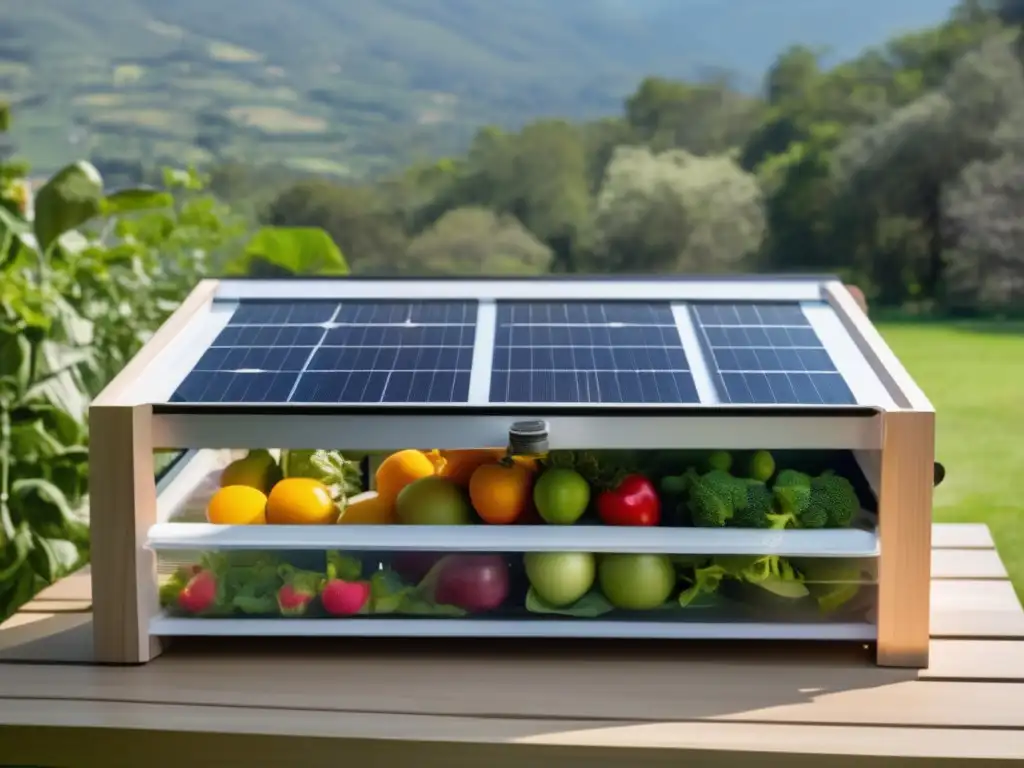 Secador de alimentos solar casero con diseño moderno y paneles solares integrados, rodeado de vegetación exuberante