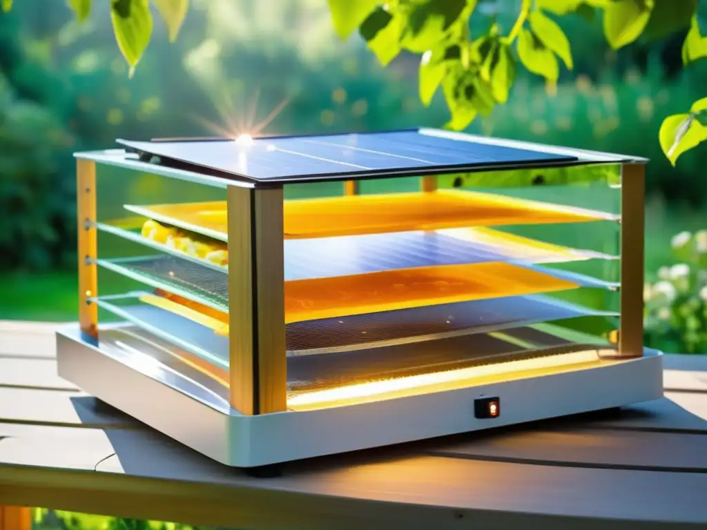 Secador de alimentos solar casero en acción, con diseño moderno y materiales transparentes y reflectantes