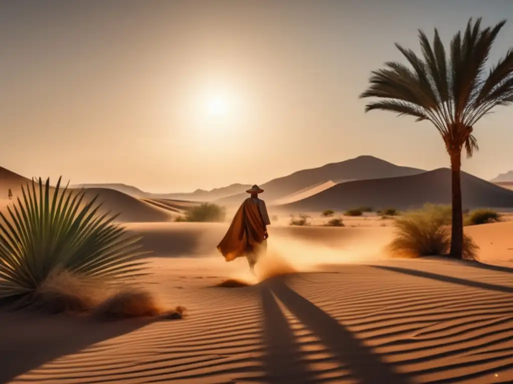 Paisaje desértico con una figura solitaria preparándose para condiciones extremas de calor