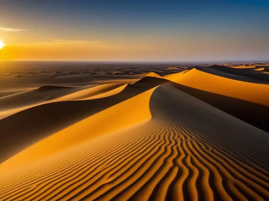 Paisaje desértico con dunas doradas y figura solitaria: Manual de supervivencia desierto