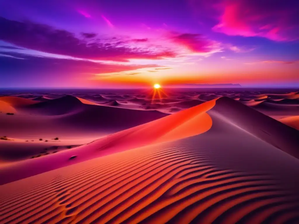 Hermoso atardecer en el desierto: vibrantes tonos de naranja, rosa y morado en el cielo, iluminando las dunas doradas