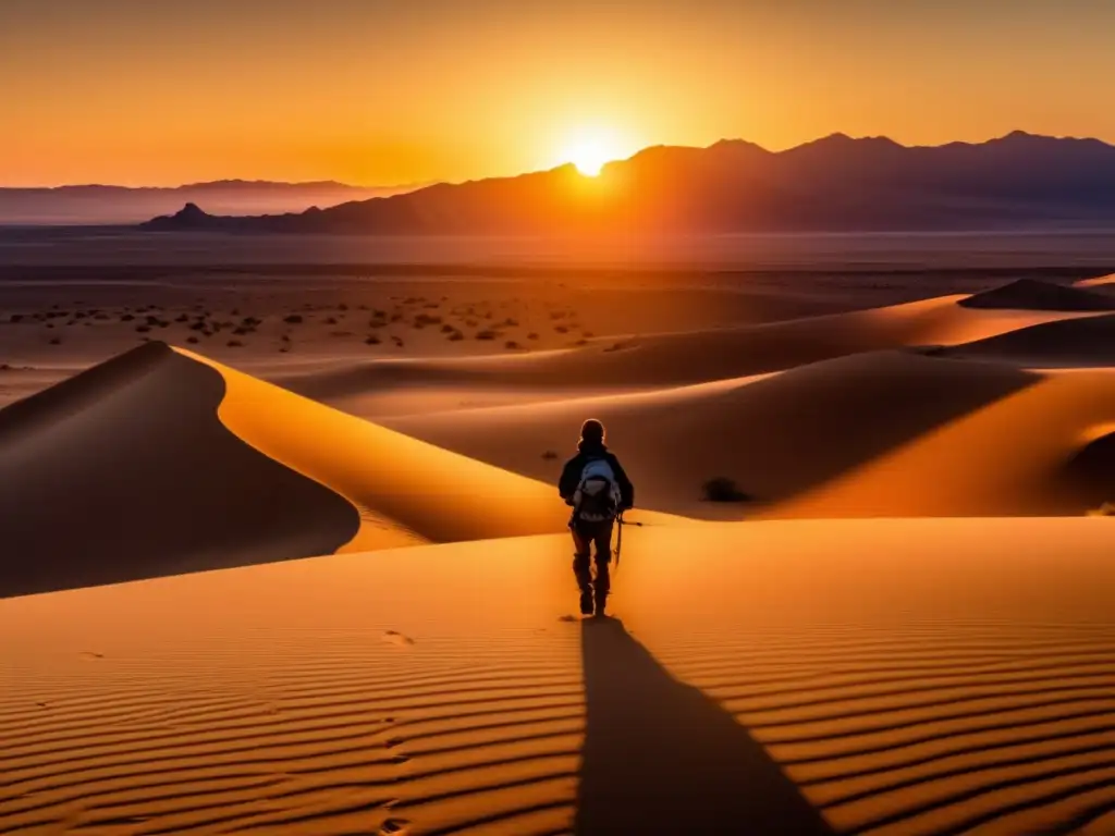 Paisaje desierto al atardecer con figura solitaria y kit supervivencia