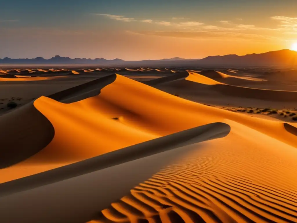 Desierto árido, dunas doradas y figura solitaria