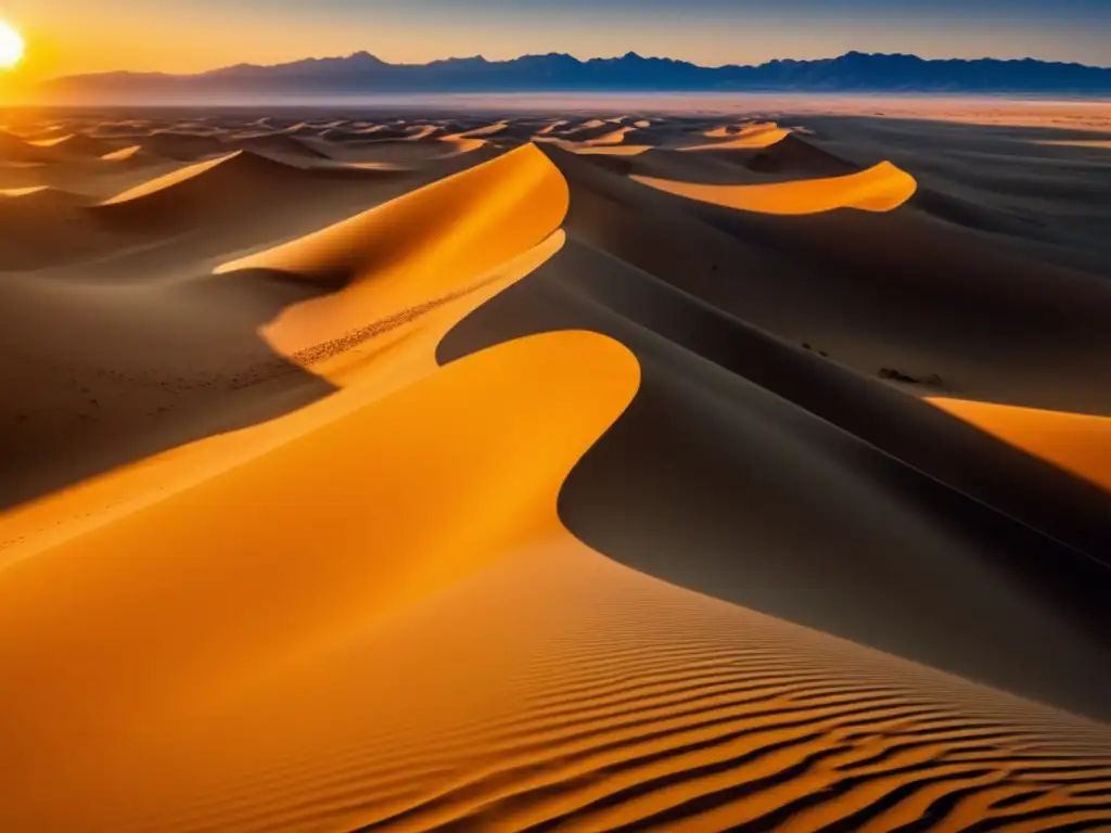 Preparación calor extremo: Sereno desierto dorado, dunas sin fin, miraje montañas, cielo vibrante, cactus solitario