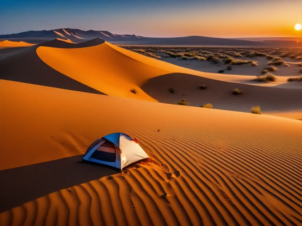 Paisaje del desierto con campamento y cocina portátil - Alimentos supervivencia desierto preppers