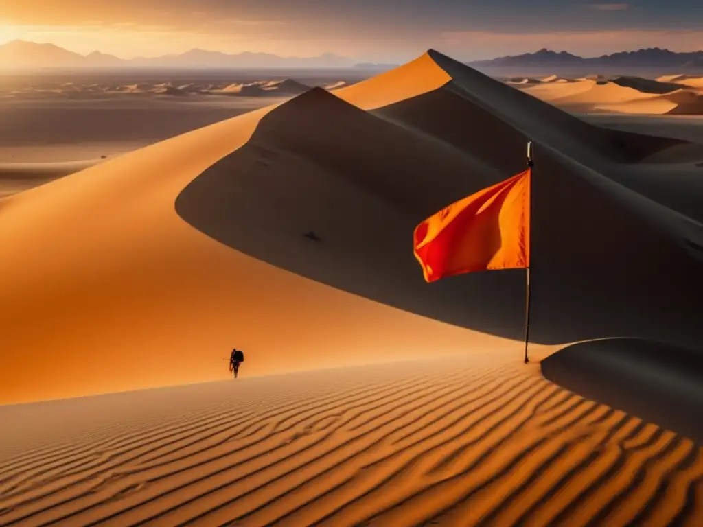 Señalización emergencia supervivencia: paisaje desértico con figura solitaria, bandera naranja y montañas con señales vitales