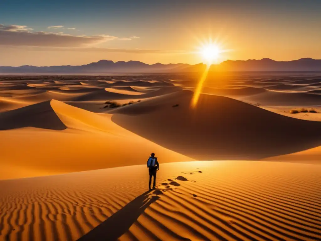 Imagen de paisaje desértico dorado con figura usando el sol para orientarse