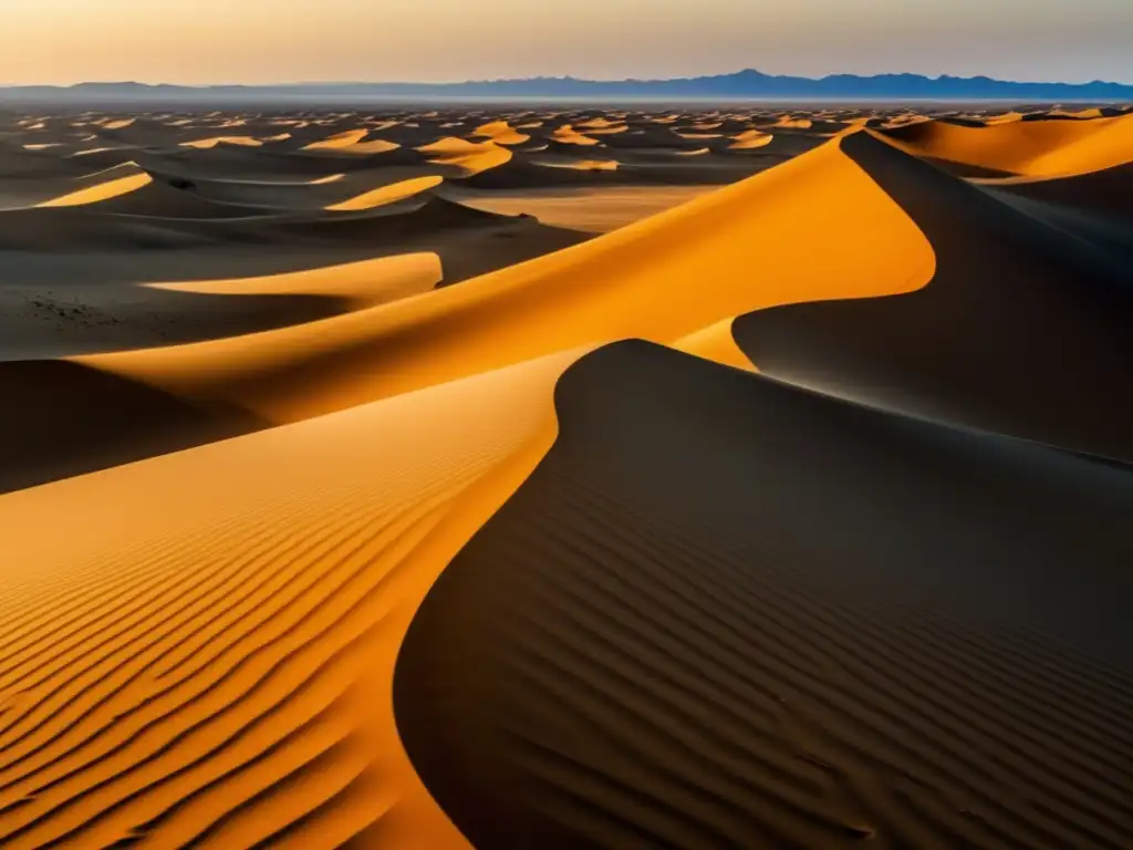 Un impresionante paisaje desértico en 8k, con imponentes dunas doradas, cielo azul y una figura solitaria