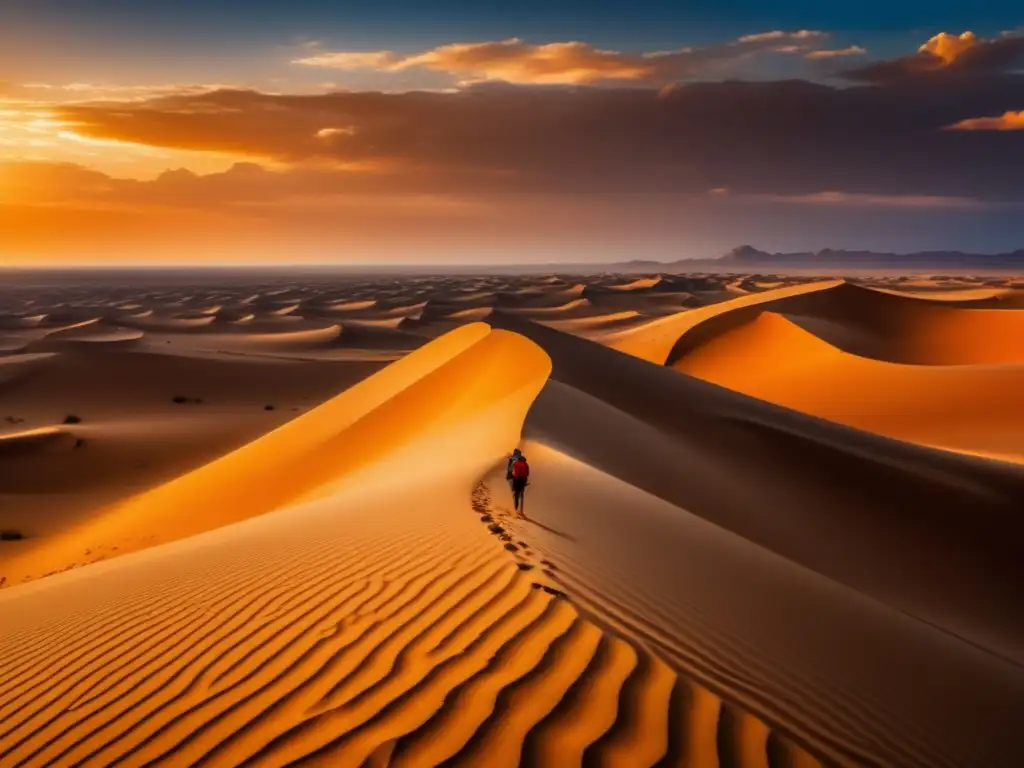 Hermosa imagen 8k muestra la belleza del desierto con figura solitaria y puesta de sol - Mejores kits supervivencia desierto