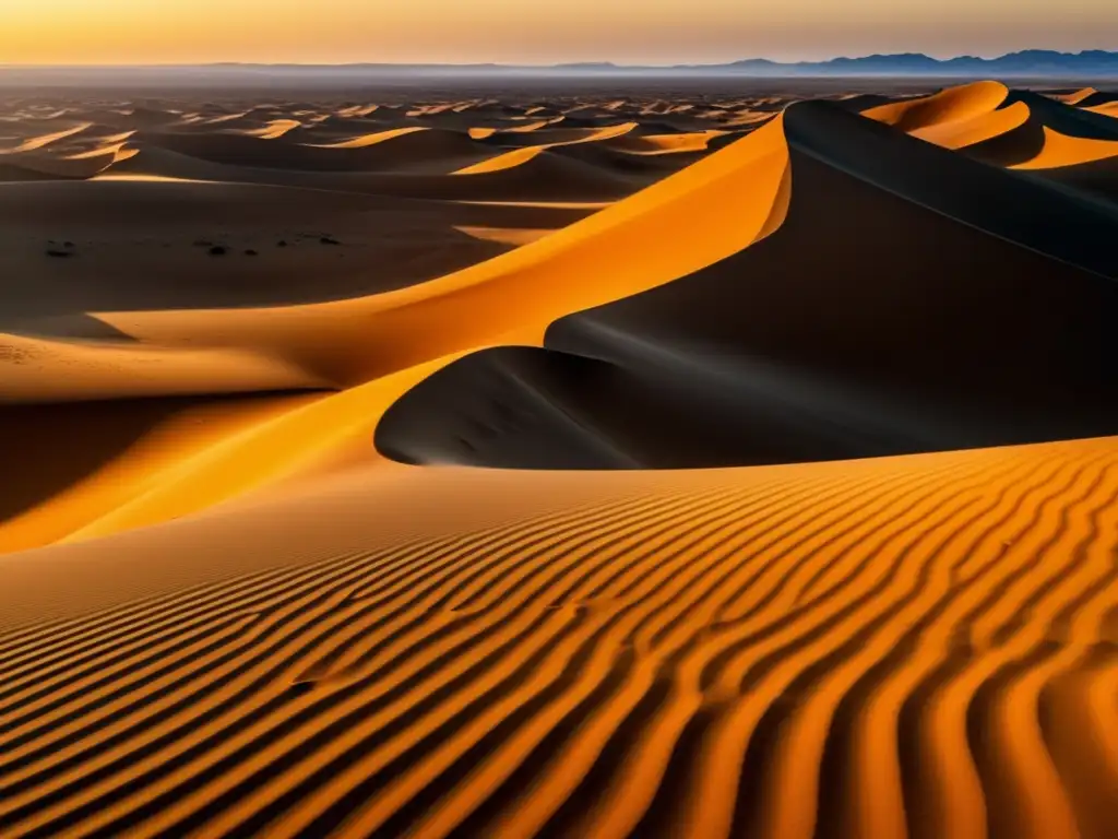 Paisaje desértico: arena dorada, dunas, figura solitaria, supervivencia