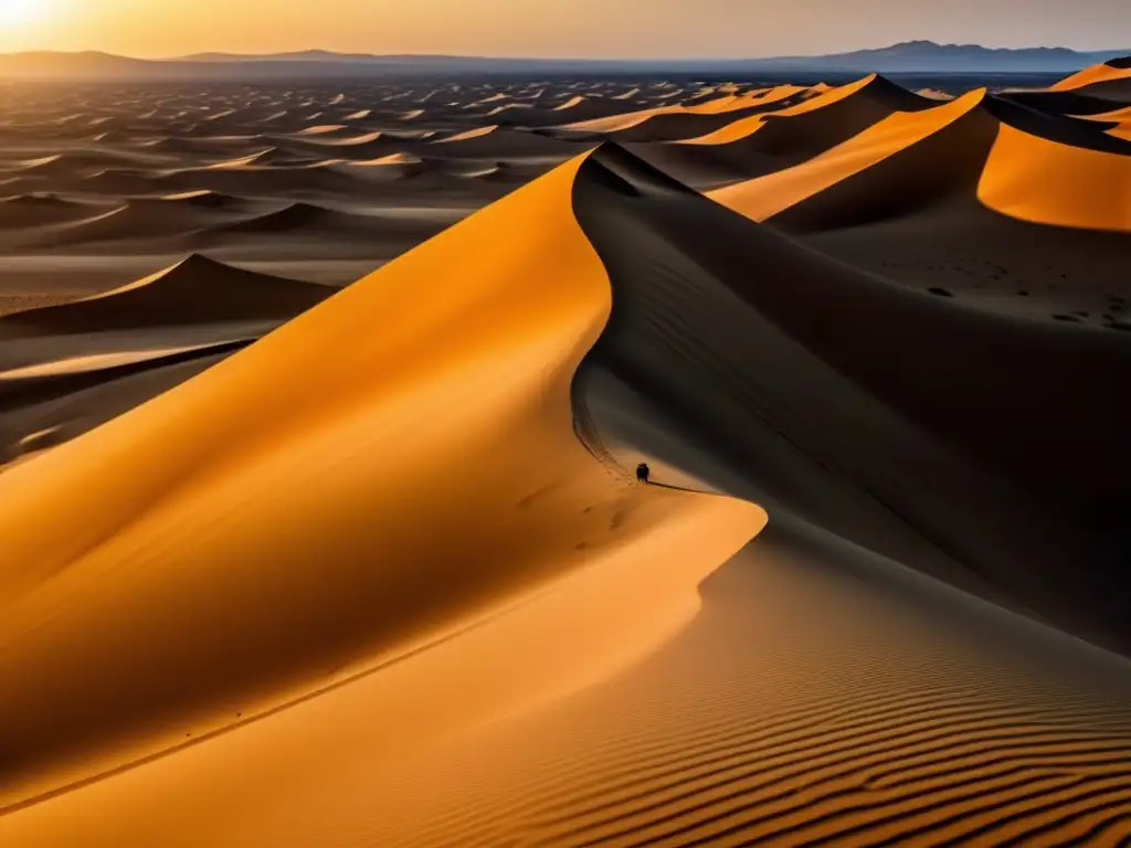 Paisaje desértico dorado con figura solitaria: Manual de supervivencia desierto